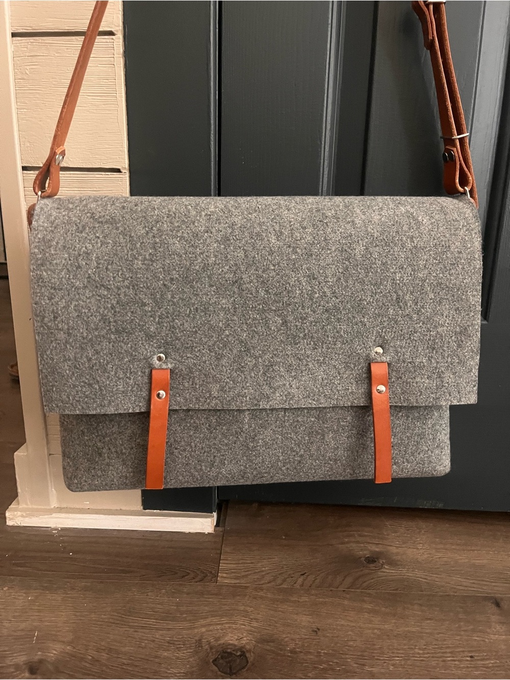 Custom handmade Grey Felt Messenger Bag with Tan Leather Straps